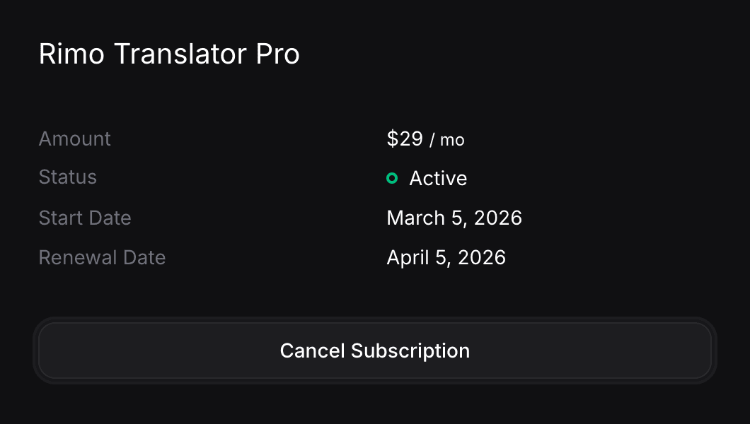 Subscription management page with Cancel Plan button and a confirmation modal