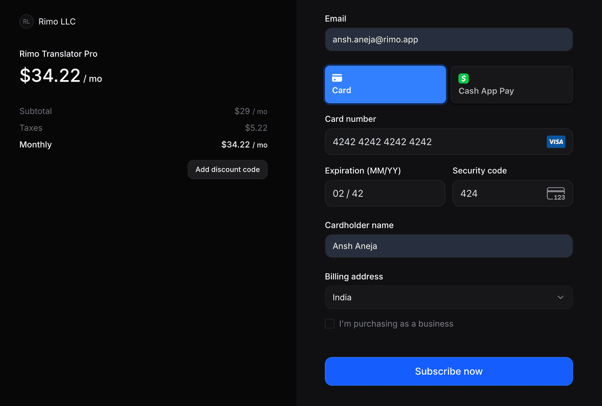 Polar payment form showing credit card input fields on the checkout page